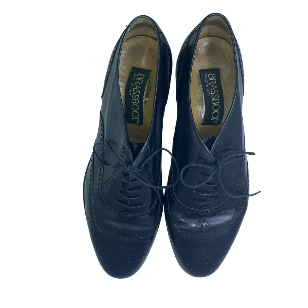 BrassBoot Dress Shoes Mens Size 7.5 Brogue Wingtip Black Oxfords Lace Up - Picture 2 of 8